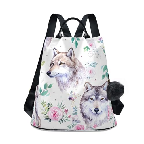 Sac à dos antivol motif loup aquarelle floral femme sac voyage tendance