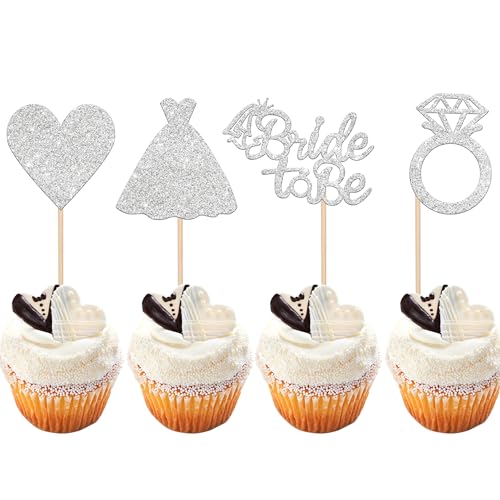 24 PCS Bride to Be Cupcake Toppers with Heart Ring Dress Bridal Shower Cupcake Picks Wedding Engagement Bachelorette Party Cake Decorations Supplies Silver