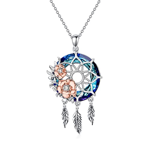 MBSUUH Dream Catcher Crystal Necklace 925 Sterling Silver Rose Flower Pendant Dreamcatcher Jewelry Birthday Presents for Women Wife Mom