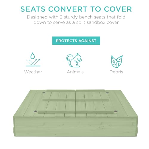 Image of Best Choice Products Large Outdoor Wooden Sand Box for Kids, Sandbox with Cover, Bench Seats Support up to 220 lbs, Bottom Liner for Drainage, Cedar Wood - Sage