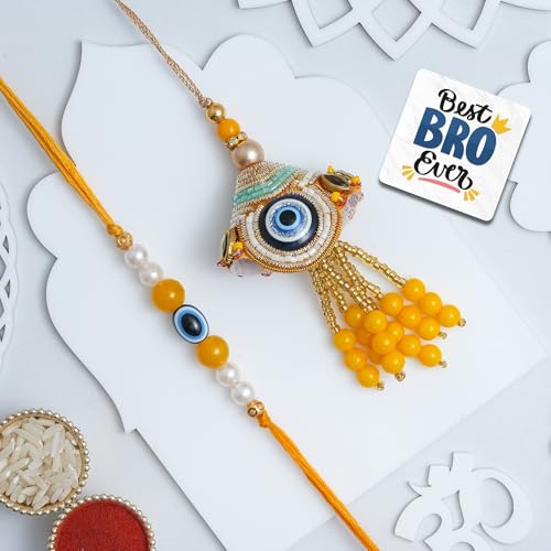 Image of eCraftIndia Yellow Evil Eye Designer Bhaiya Bhabhi Rakhis with Best Bro Ever Fridge Magnet | Set of 2 Rakhi for Brother and Bhabhi | Lumba Rakhi | Roli Chawal Pack