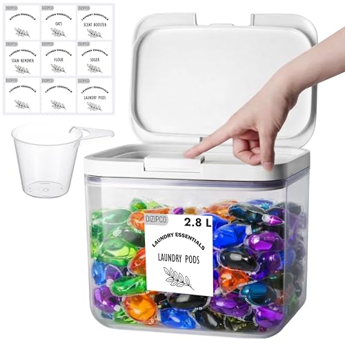 DIZIPCO Laundry Pods Storage Container - Washing Pods Storage with Pop up Lids, Clear Box with Scoops, Stickers - Large Organizer for Detergent Pods, Powder (Medium 2.8L)