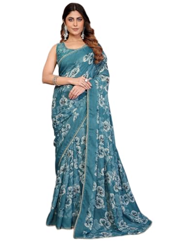 Image of Satrani Women's Georgette Floral Printed Saree with Unstitched Blouse Piece