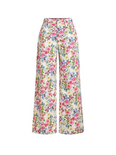 Floerns Women's Floral Boho Straight Leg Jeans High Waisted Casual Long Denim Pants