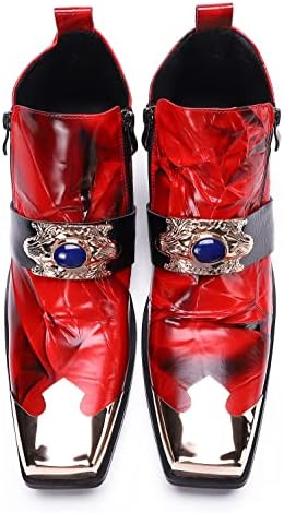 Santimon Mens Fashion Chelsea Boots Leather Luxury Casual Square-Toe Metal Tip Dress Shoes Red 9 | Image 4