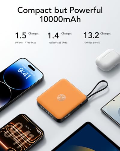 Image of Portable Charger USB C for iPhone, 10000mAh Power Bank with Built-in Cables | 22.5W Fast Charging, LED Display, Slim, for iPhone 17 Pro Max & 16 /15 Series (Orange)