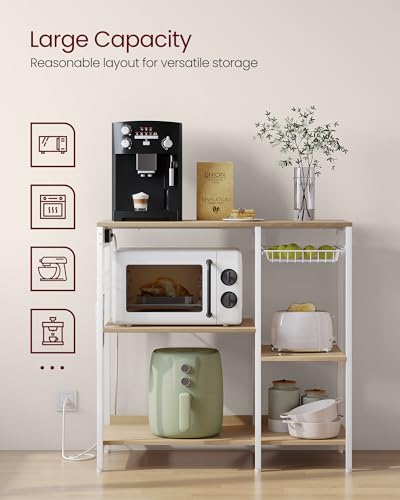 Image of VASAGLE Baker's Rack, Coffee Bar Stand with Charging Station, 35.6 Inches Tall, Storage Shelves, Pull-Out Wire Basket, Table for Microwave, Kitchen, Oak Beige and Ink Black UKKS036Y09