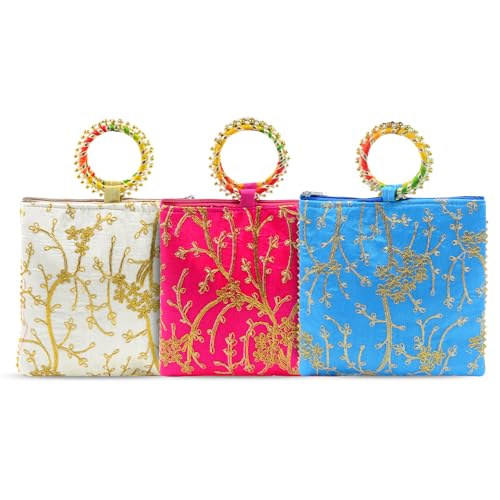 Image of Women Potli Bags Pack of 3 | Gifting Potli with Zip & Bangle Handle | Traditional Shagun Return Gifts Potli for Mehandi, Haldi, Baby Shower, Wedding, Sangeet (Embroidered)