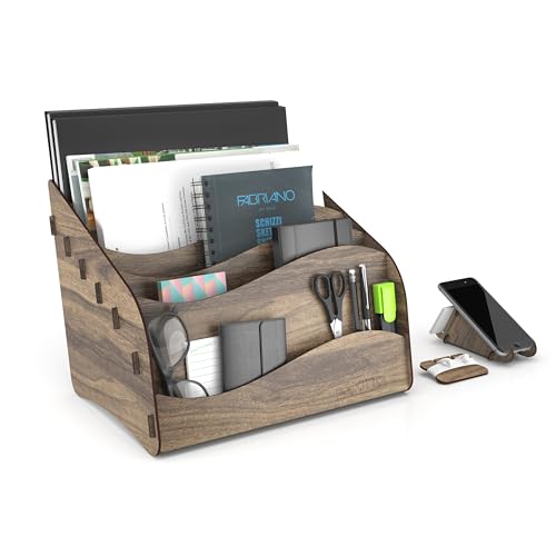 Masaüstü Organizer, A4 Kağıt ve Kalemlikli Evrak Rafı, Mini Kitaplık, Ceviz