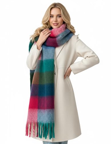 PAMEILA Scarf for Women Winter Warm Long Shawl Large Scarves Cold Weather Thick Blanket Scarfs Colorful Plaid,02 Purple Red Green
