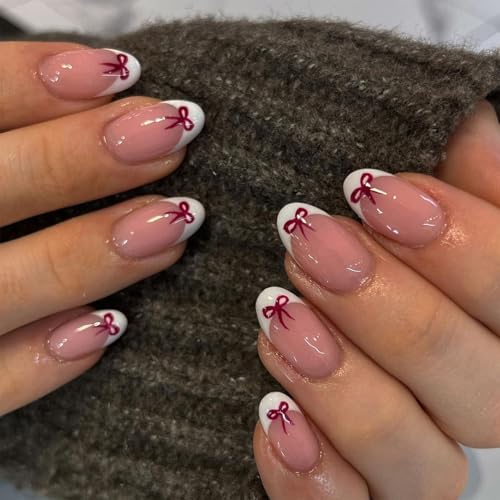 Künstliche Fingernägel mit weißer Schleife, Mandelform, zum Aufkleben, rote Schleife, Vollflächige künstliche Fingernägel zum Aufkleben, Valentinstag 24 Stück Maniküre-Dekoration für Damen