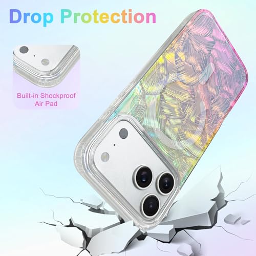 Image of AIGOMARA Cute Case for iPhone 17 Pro Case for Women Girls [ Compatible with Magsafe ] Glitter Pearl Aesthetic Rainbow Magnetic Protective Phone Cover, Fluorescent Iridescent Shell Pattern