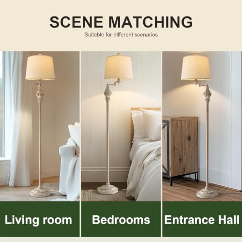 Image of Vintage Floor Lamp with 350 Adjustable Swing Arm 61 inch Lamps for Living Room | Antique Standing Lamp, Retro White Bedroom Floor Lamp, Mid Century Farmhouse Rustic Traditional Brass Tall Swivel Pole Lamp