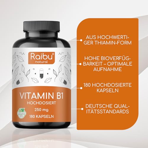 Vitamin B1 (Thiamin) Hochdosiert, 250 mg pro Kapsel - 6 Monatsvorrat: 180 vegane Kapseln - Premium Vitamin B1, hohe Bioverfügbarkeit & laborgeprüft - Ohne unerwünschte Zusätze, Raibu