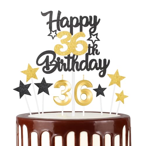 Gold 36th Birthday Decorations, Gold Black 36th Birthday Cake Topper, 36th Birthday Candle for Men Women, Gold Party Candles, Gold Black Birthday Party Celebrations Supplies,3D Gold Number 36 Candles