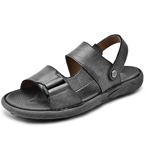 Sandals Men ' s Cowhide Casual Beach Shoes Genuine Leather Thick Sole Anti Slip Male Toe Shoes Black Brown(40)