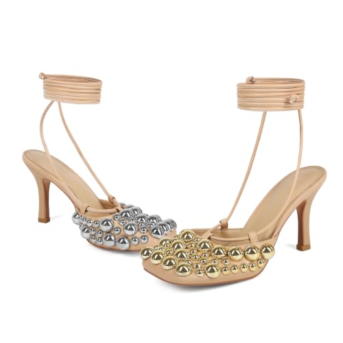 Image of Saint Leia Women's 4IN High Heel Sandals Nude Stiletto Pumps with Gold Silver Pearls Heels for Weddings Parties and Evening Wear