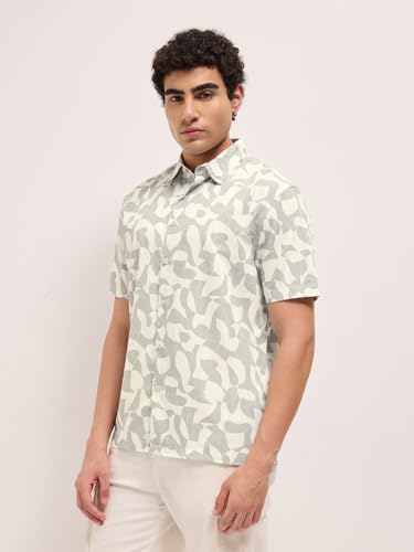 Image of THE BEAR HOUSE Men's Blue Tailored Fit Full Sleeve Cotton Printed Shirt