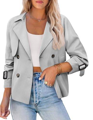 AGSEEM Womens Double Breasted Crop Trench Coat Long Sleeve Work