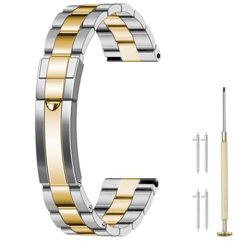 Image of Juntan Screw-in Stainless Steel Watch Band 20mm 21mm 22mm for Men Women, Curved End Straight End Metal Watch Strap with Oyster Buckle, Taperd Replacement Jubilee Bracelet Silver Gold