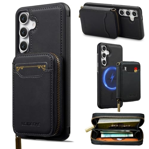 Étui portefeuille Samsung S25 en cuir noir avec coque silicone à rabat