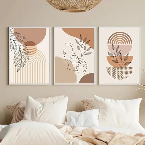 BeiYiHo 3 Boho Tableau Decoration Murale Terracotta Affiche Art Géométrique Visage Femme Abstrait Poster Plante Nature Affiche Déco Zen Salon Chambre...