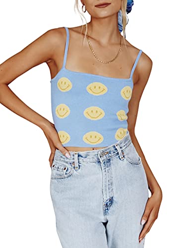 SAFRISIOR Women Y2K Cute Cherry Apple Smiley Face Print Knit Crop Cami Top Sleeveless Spaghetti Strap Crop Camisole Vest