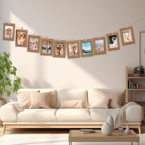 LHOEST 40 Stück Bilderrahmen aus Pappe Set, Papier Fotorahmen mit 40 Wäscheklammern Holz und 4 Hanfseil, DIY Kraftpapier Bilderrahmen 10x15 für Hängende Wanddekoration Fotogirlande (weiße+Braun)