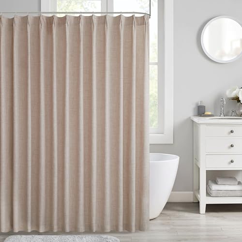 HIG Camel Linen-Like Pinch Pleated Shower Curtain, 72 Inch Wide, Fabric Bathroom Curtain with Memory Shape, Modern Neutral Solid Color, Machine Washable Privacy Cloth Curtain for All Season Use by HIG - Used condition - Image 2