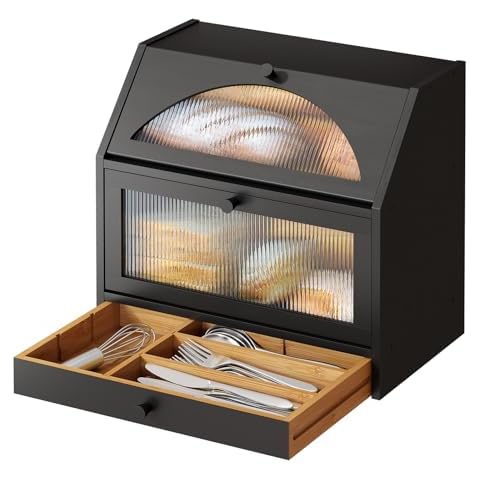 Vriccc Black Bread Box, Bamboo Wood Bread Box for Kitchen Counter, Double-layer Bread Storage Bin with Silverware Drawer Organizer Cover