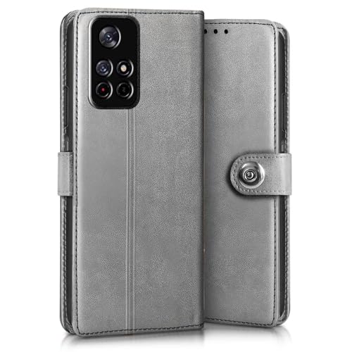 Image of WOW IMAGINE Shock Proof Flip Cover Back Case for Redmi Note 11T 5G | Poco M4 Pro 5G (Magnetic Button Flip Case | Wallet Pockets & Stand | Leather Finish | Stone Grey)