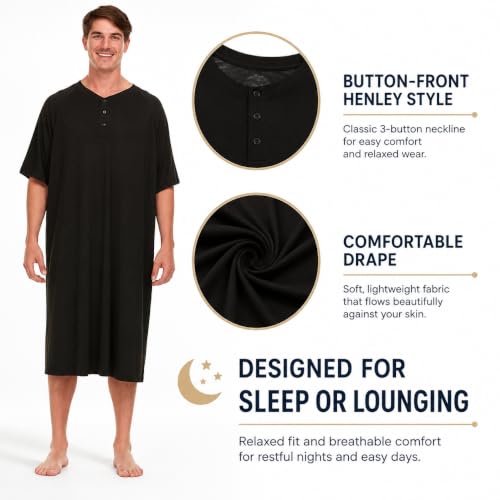 Image of Mens Nightshirt Short Sleeve Lounge, Sleep Shirt, Mens Nightshirt