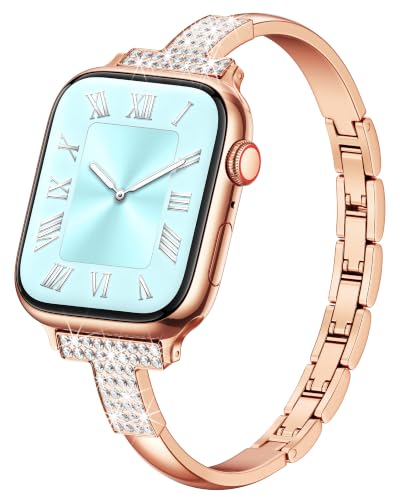 Image of VISOOM Rose Gold Apple Watch Bands Iwatch Bracelet for Women 42 /41 /40 /38mm, Jewelry Metal T-Shaped Bands for Dressy Apple watch Series SE 11 /10 /9 /8 /7~1 Band Thin Slim Fancy Bling Women On Daily /Gift