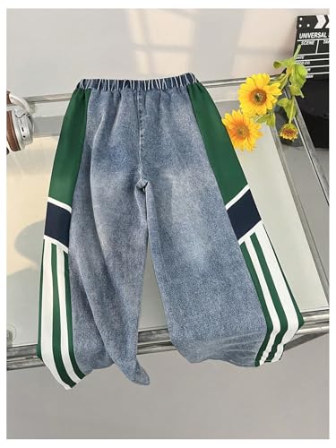 SweatyRocks Boy's Color Block Loose Straight Leg Jeans Elastic Waist Striped Denim Pants2