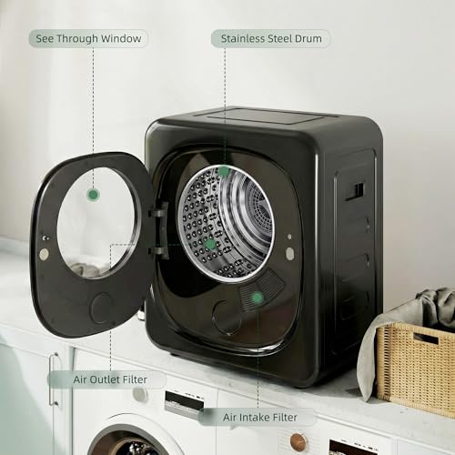 HOMCOM 4kg Vented Tumble Dryer, 800W Compact Freestanding Front Tumble Dryer with 5 Drying Mode, Smart Sensor, Timer and Stainless Steel Tub, Wall-Mounted Portable Small Clothes Drying Machine, Black - Image 4