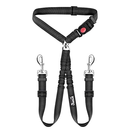 SlowTon Cinturón de Seguridad Doble para Perros, Nuevo cinturón de Seguridad de reposacabezas de Coche Doble para Mascotas sin requisito de Correa de Perro enredada Arnés de conexión elástico