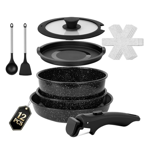 Colourcoco 12-teiliges Topfset Induktions - Antihaftbeschichtetes Kochgeschirr mit Abnehmbarem Griff Ofenfest & für alle Herdarten Geeignet Ideal für Zuhause Camping und Picknick (Schwarz)