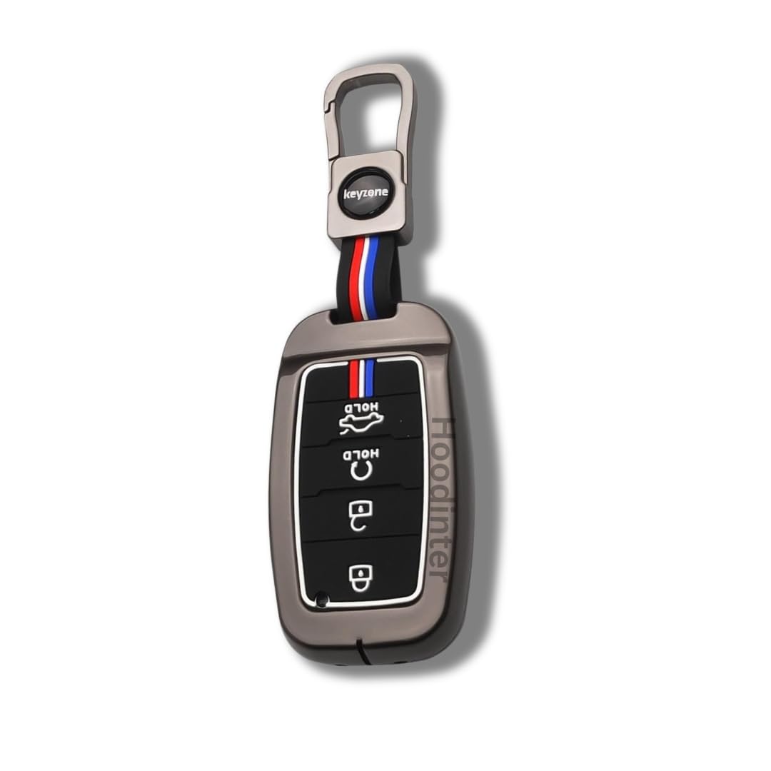 Hoodinter Metal Key Cover Compatible with Kia Seltos | Sonet | Carens | Seltos X-line | 2019 | 2020 | 2021 | 2022 | 2023 Model | 4 Button Smart Key