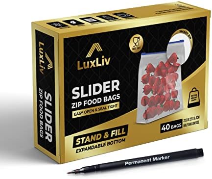 40 x LuxLiv ® Premium Food Storage Freezer Bags & Marker Pen | Heavy Duty Slider Zipper Ziplock Bags | Airtight Expandable Bottom | Stand and Fill BPA Free  Microwave Reusable
