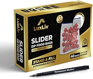 40 x LuxLiv ® Premium Food Storage Freezer Bags & Marker Pen | Heavy Duty Slider Zipper Ziplock Bags | Airtight Expandable Bottom | Stand and Fill BPA Free  Microwave Reusable