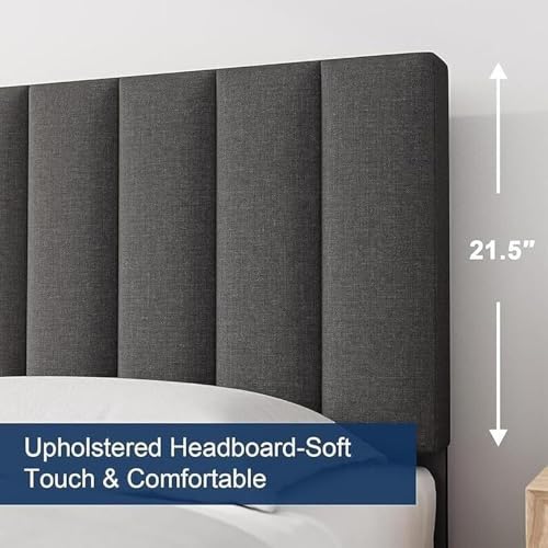 Image of Wooden Modern Upholstered Queen Size Bed for Bedroom | Wooden Double Bed Without Storage | Platform Cot Upholstered Bed with Upholstery Fabric | Engineered Wood | 6.5 x 5 Ft | Dark Grey