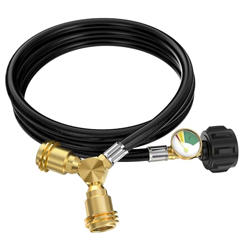 CALPOSE Propane Hose with Propane Splitter 2 Way, Hose Splitter with Gauge and Shut Off Valve, Propane Tank Y Splitter for 20lb Propane Tank, Heater, Camping Stove, Gas Burners