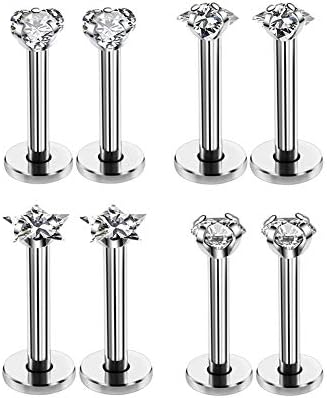 HQLA 16G Love/Star/Square/Round Shape Clear CZ Labret Monroe Lip Ring Tragus Nail Helix Earring Stud Piercing Jewelry Surgical Stainless Steel Bar 8mm CZ 3mm 4 Pairs