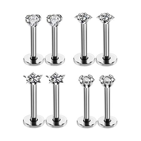 16G Love/Star/Square/Round Shape Clear CZ Labret Monroe Lip Ring Tragus Nail Helix Earring Stud Piercing Jewelry Surgical Stainless Steel Bar 8mm CZ 3mm 4 Pairs Cover