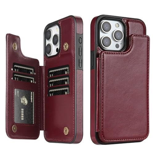 ウォレット ソリッドカラー マグネット式 ダブルバックル ブロッキング カード レザーケース for iPhone 15 Pro Max 14 Plus 13 12 11 XR XS SE 2 8 7用 ワインレッド for iPhone XS用