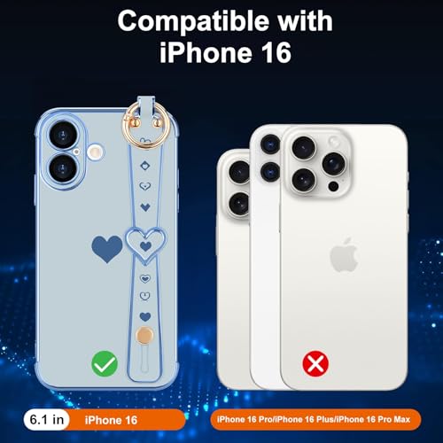 LLZ.COQUE Compatible with iPhone 16 Case with Strap for Women Girls [2× Screen Protectors], Cute Love-Hearts Design, Wristband Kickstand Luxury Plating Edge Protective Phone Case (6.1") - Sky Blue by LLZ.COQUE - Used condition - Image 3
