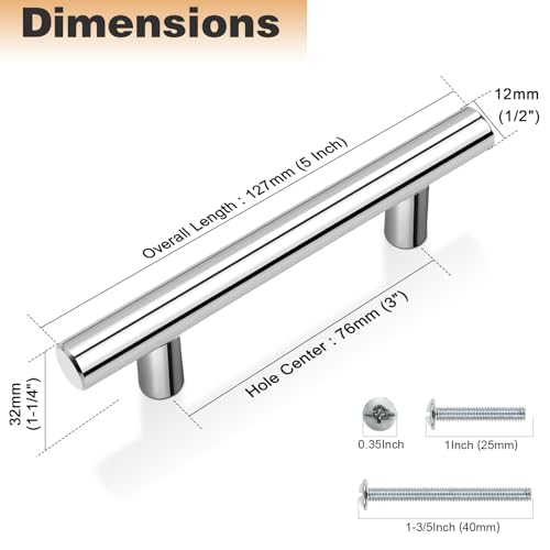Image of Probrico 25 Pack 5 inch Kitchen Cabinet Handles Polished Chrome Drawer Pulls for Cabinet Door 3 inch Hole Centers, Euro T Bar Cabinet Pulls and Handles Stainless Steel Drawer Handles