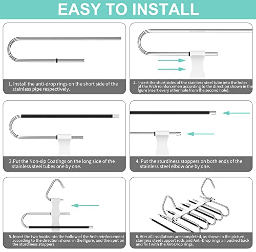 Besslly Upgrade 6 Layers Pants Hangers Space Saving, 2Pack Stainless Steel Multifunctional Rack Non Slip S-Type Clothes Jean Hanger Closet Organizer For Jeans Leggings Trousers Skirts Scarf, White #TOP5