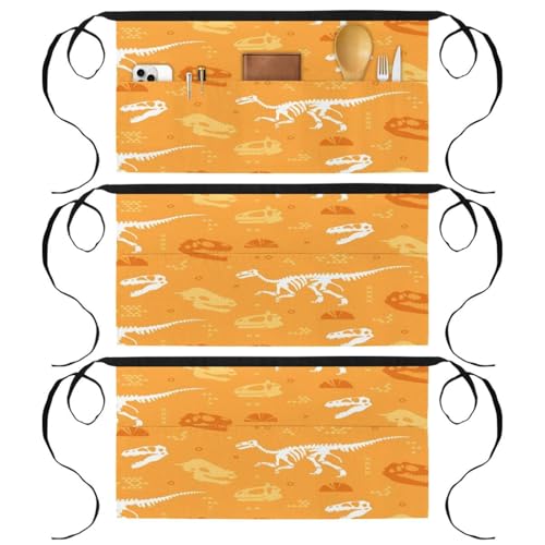 Lot de 3 tabliers courts de chef squelette de dinosaure multicolore avec 3 poches pour bistrot