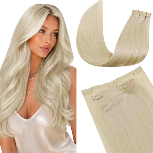 Image of LaaVoo Seamless Clip in Hair Extensions Human Hair Bleach Blonde Seamless Hair Extensions Clip ins Blonde Seamless Clip in Human Hair Extensions Invisible PU Weft 14 Inch 7pcs /110g